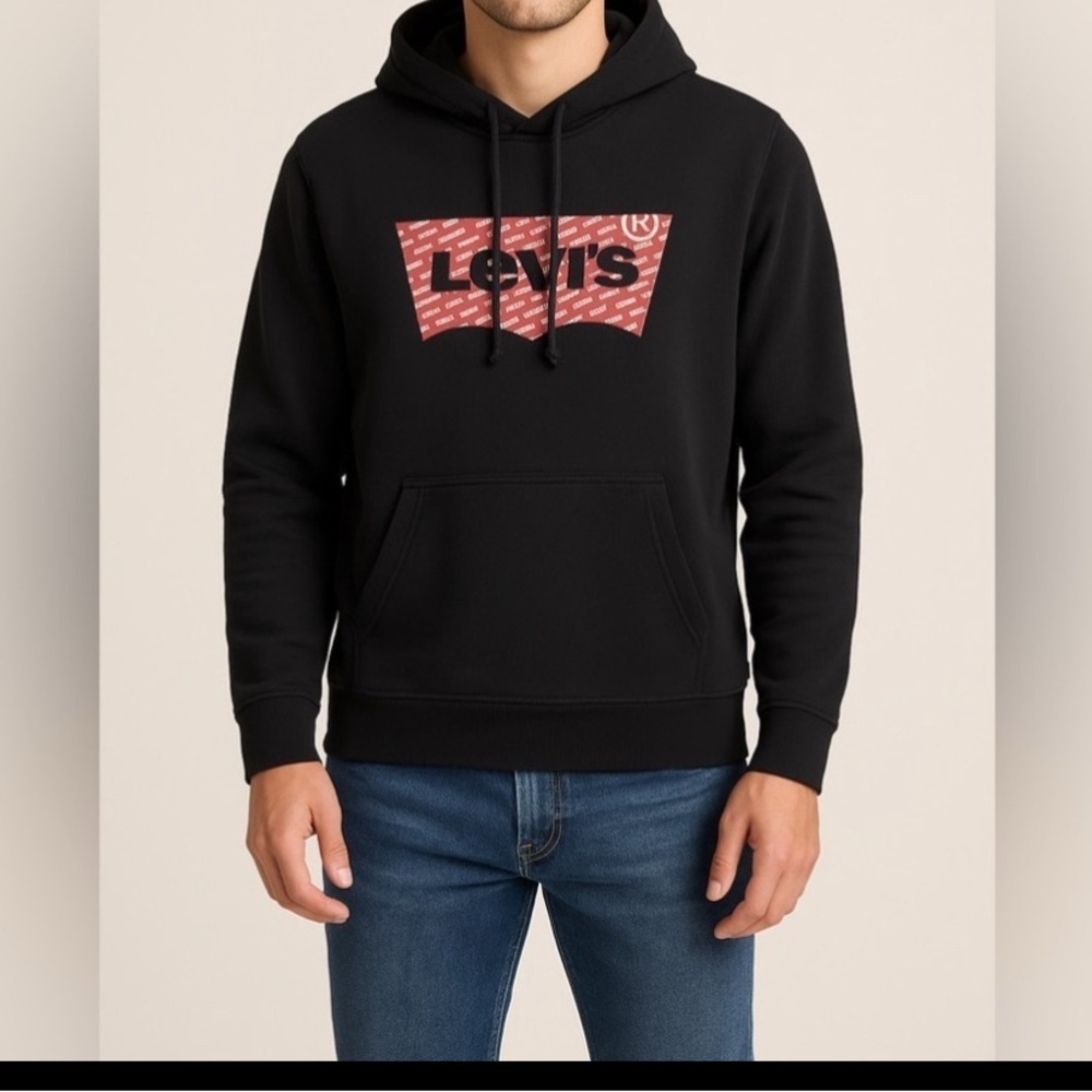 Levi’s Black Hoodie Sweatshirt Large Red Batwing Logo Graphic Pullover